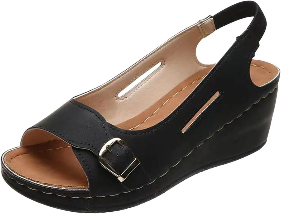 Summer Wedge Sandals for Women,Fashion Casual Fish Mouth Open Toe Buckle Hollow Roman Sandals Solid Comfortable Outdoor Ladies Shoes Sandalias