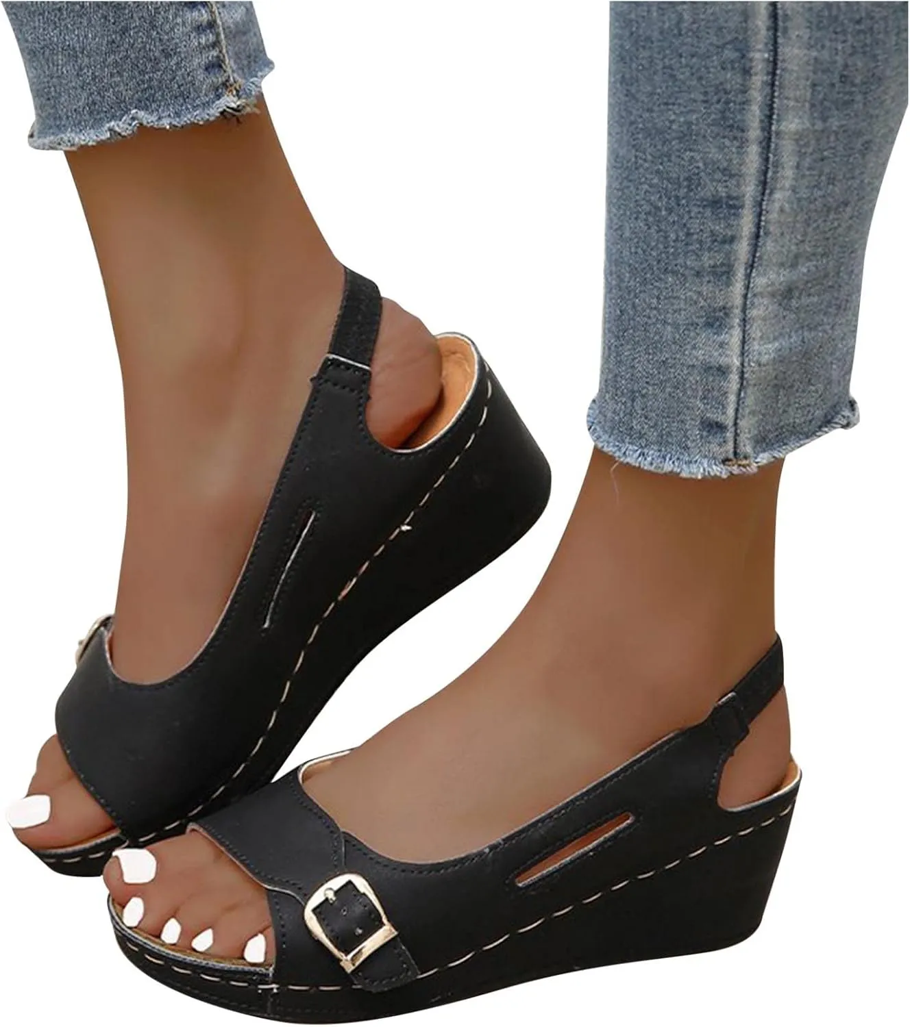 Summer Wedge Sandals for Women,Fashion Casual Fish Mouth Open Toe Buckle Hollow Roman Sandals Solid Comfortable Outdoor Ladies Shoes Sandalias