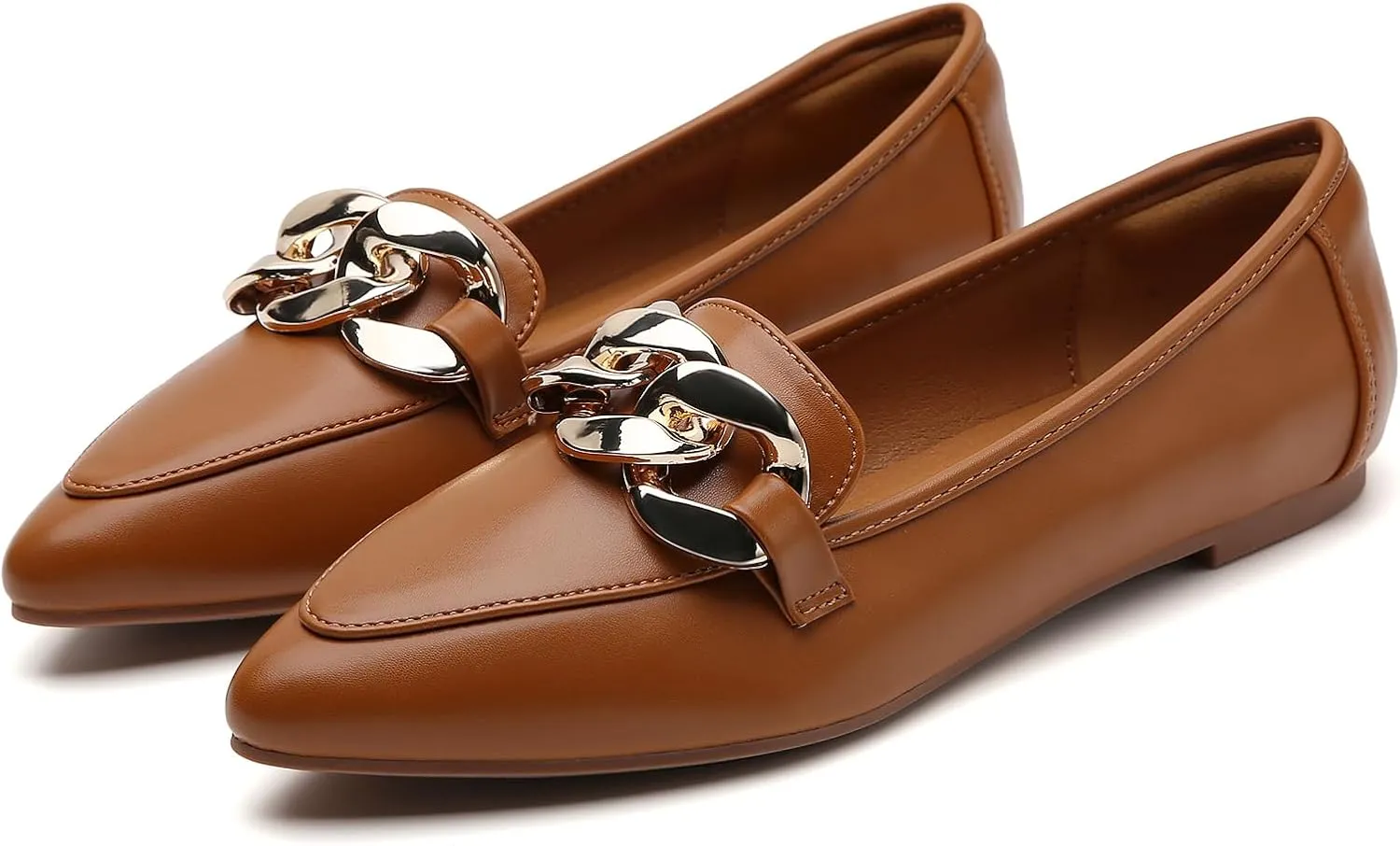 Tilocow Metal Chain Loafers for Womens Slip On Pointed Toe Flats Comfortable Fashion Work Business Shoes