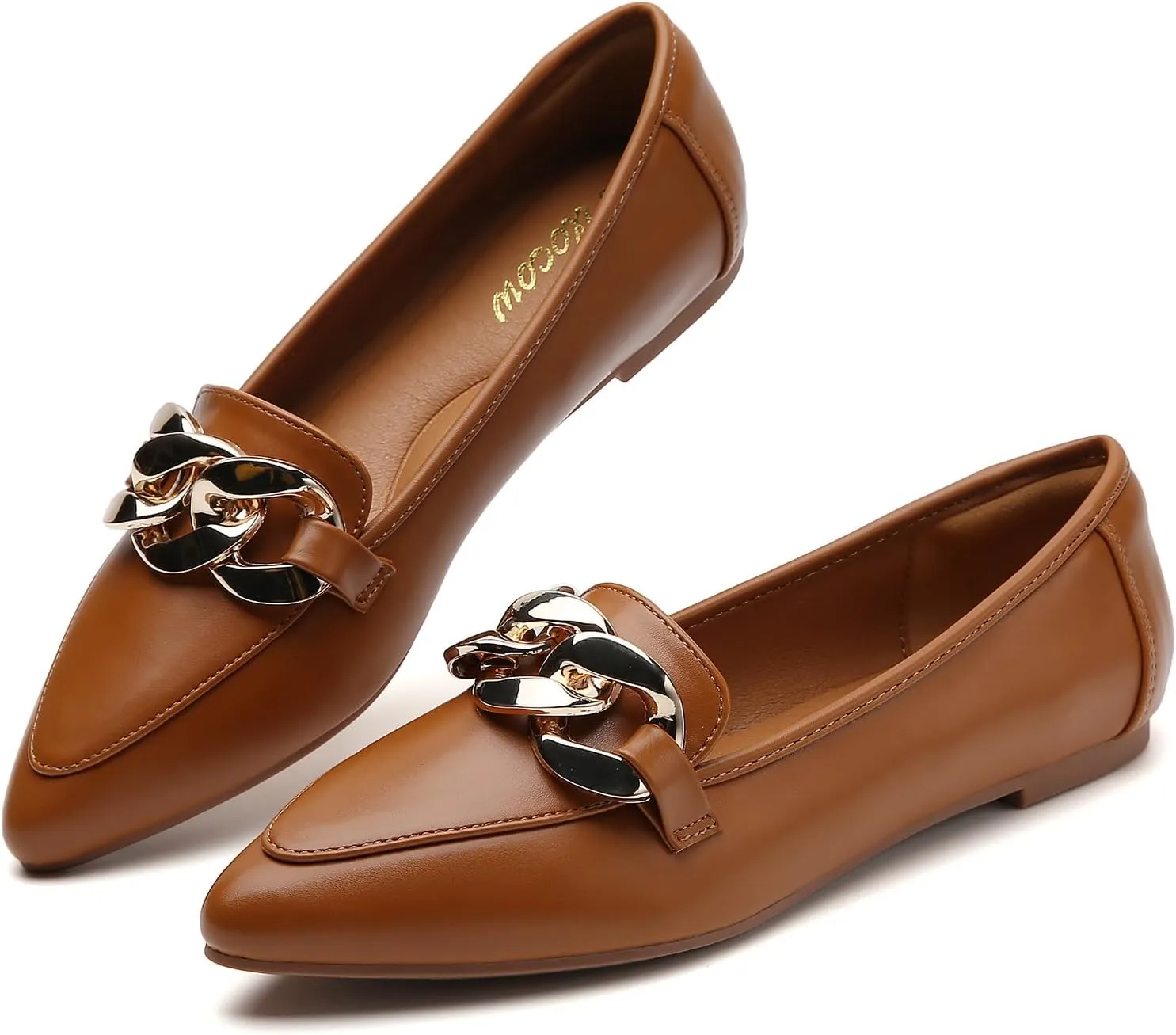 Tilocow Metal Chain Loafers for Womens Slip On Pointed Toe Flats Comfortable Fashion Work Business Shoes