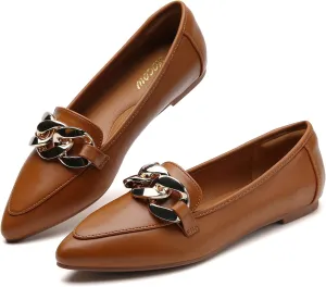 Tilocow Metal Chain Loafers for Womens Slip On Pointed Toe Flats Comfortable Fashion Work Business Shoes