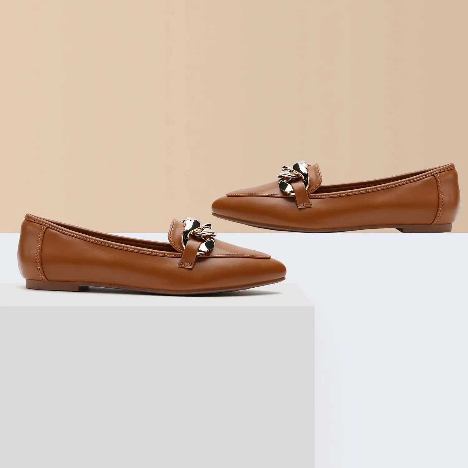 Tilocow Metal Chain Loafers for Womens Slip On Pointed Toe Flats Comfortable Fashion Work Business Shoes
