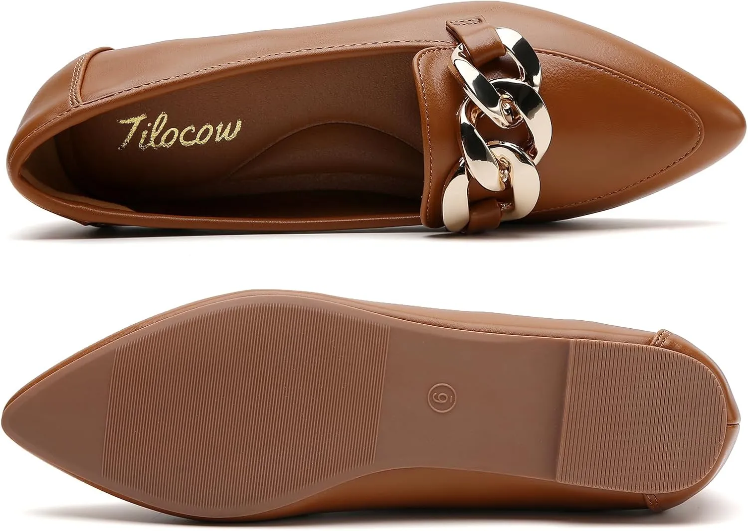 Tilocow Metal Chain Loafers for Womens Slip On Pointed Toe Flats Comfortable Fashion Work Business Shoes