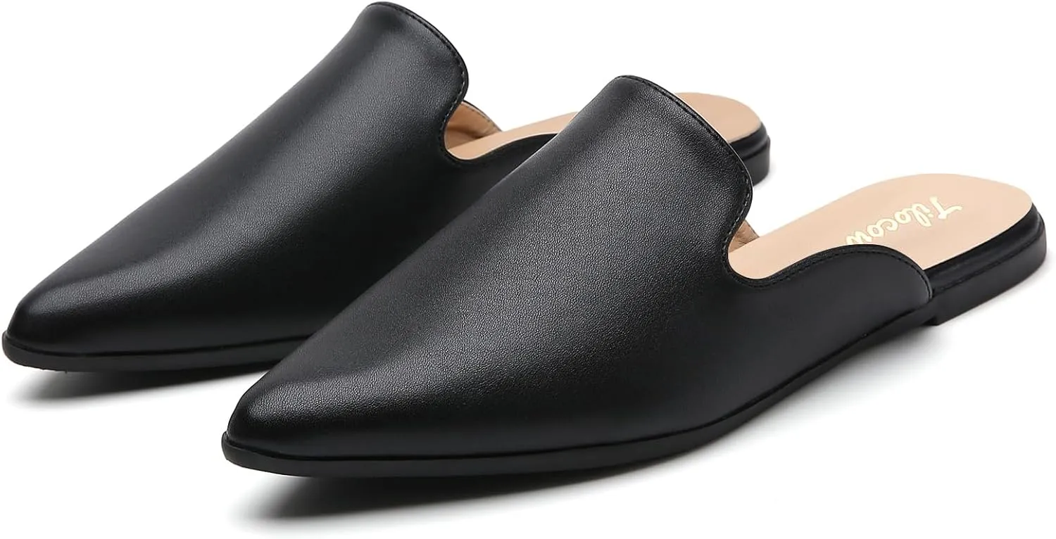Tilocow Mules for Women Flats Comfortable Pointed Toe Slip On Backless Loafers Flat Mule Business Casual Shoes Slides