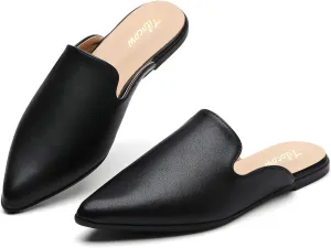 Tilocow Mules for Women Flats Comfortable Pointed Toe Slip On Backless Loafers Flat Mule Business Casual Shoes Slides