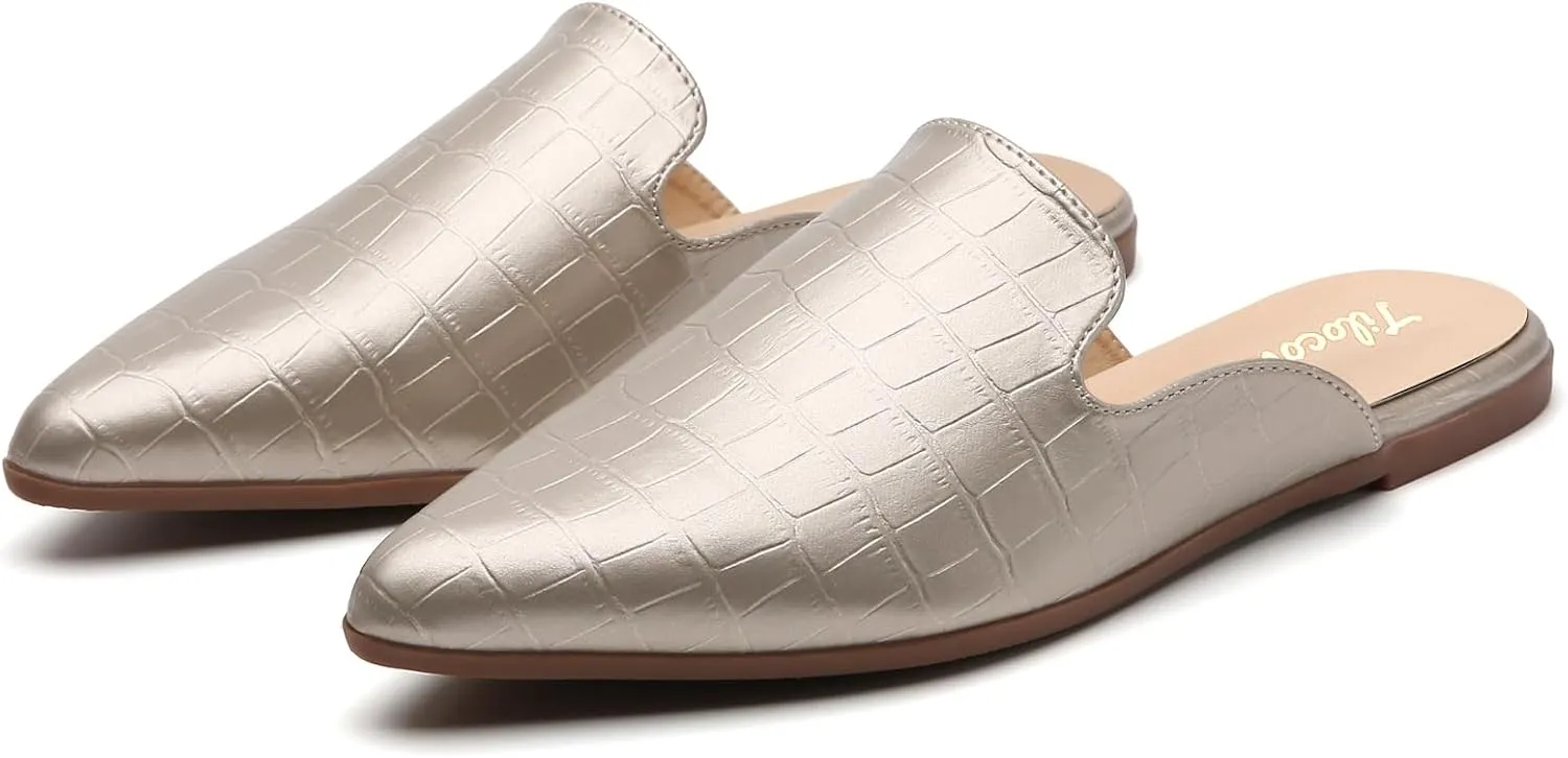 Tilocow Mules for Women Flats Comfortable Pointed Toe Slip On Backless Loafers Flat Mule Business Casual Shoes Slides