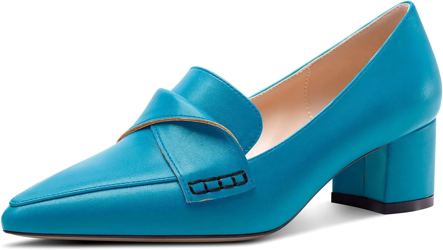 TNYNFBEB Womens Chunky Block Low Heel Pointed Toe Pumps Loafers Shoes Slip-on Prom Wedding Dress Basic Classic 2.0 Inches Heels