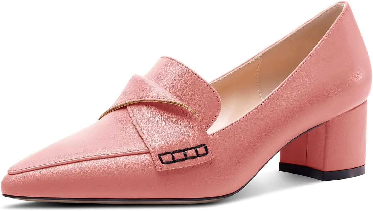 TNYNFBEB Womens Chunky Block Low Heel Pointed Toe Pumps Loafers Shoes Slip-on Prom Wedding Dress Basic Classic 2.0 Inches Heels