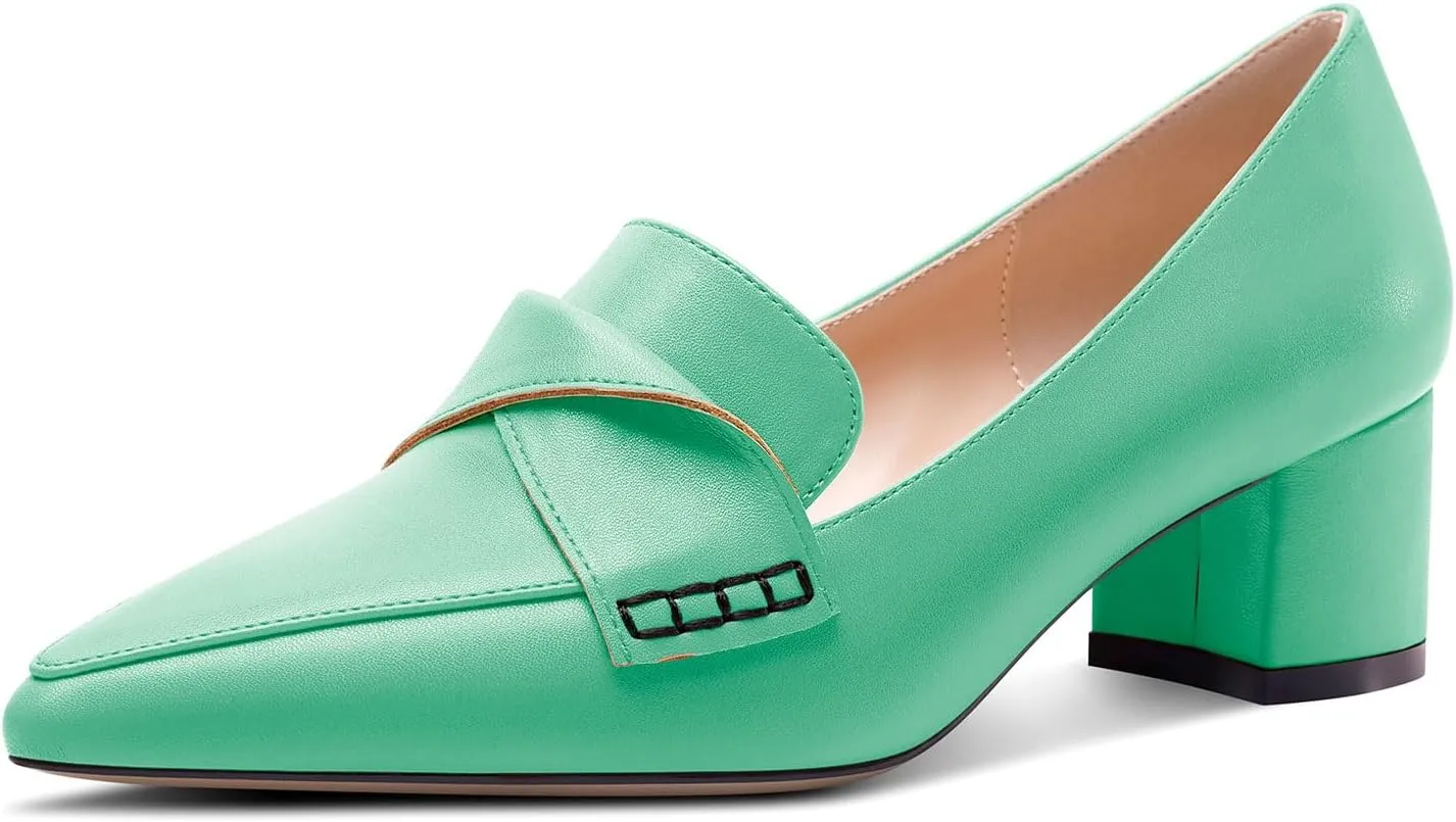 TNYNFBEB Womens Chunky Block Low Heel Pointed Toe Pumps Loafers Shoes Slip-on Prom Wedding Dress Basic Classic 2.0 Inches Heels