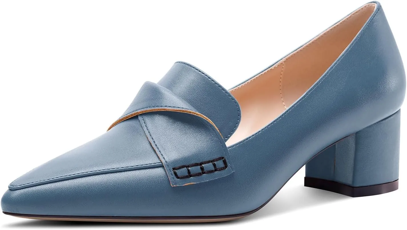 TNYNFBEB Womens Chunky Block Low Heel Pointed Toe Pumps Loafers Shoes Slip-on Prom Wedding Dress Basic Classic 2.0 Inches Heels