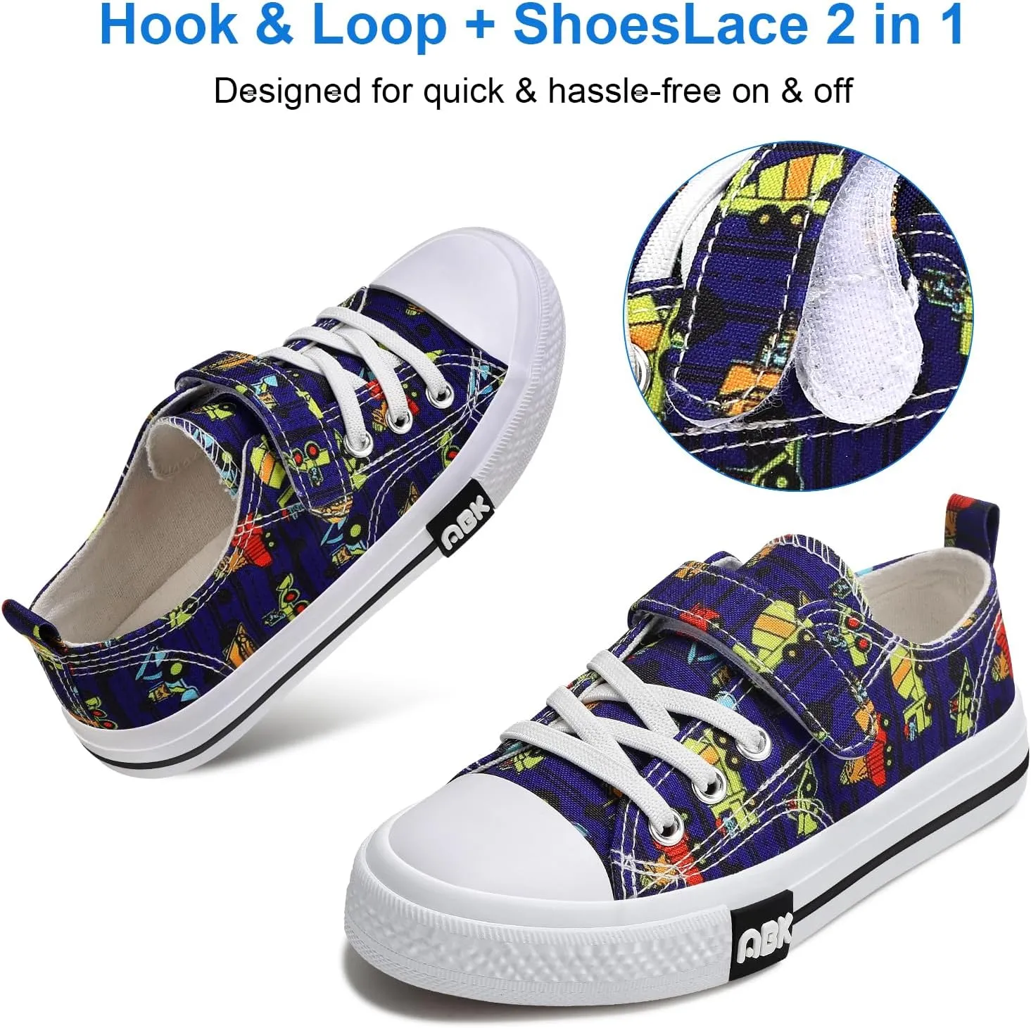 Toddler Boys Girls Slip On Canvas Sneakers Cartoon Dinasour Printed Little Kid Unisex Adjustable Strap Walking Shoes Lazy Shoes with Hook and Loops