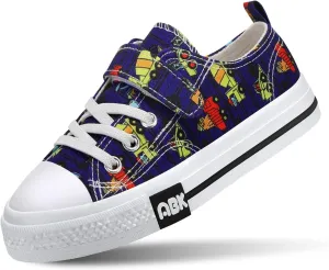 Toddler Boys Girls Slip On Canvas Sneakers Cartoon Dinasour Printed Little Kid Unisex Adjustable Strap Walking Shoes Lazy Shoes with Hook and Loops