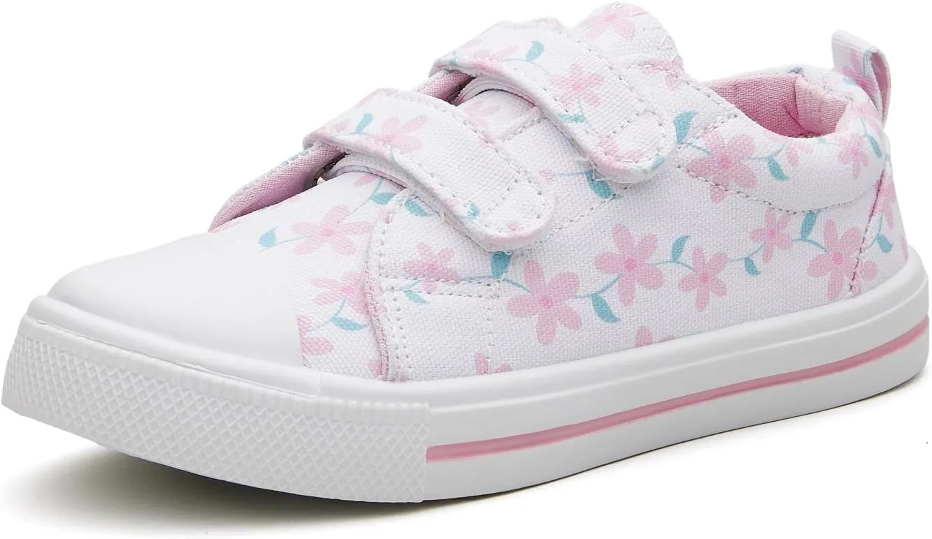 Toddler Little Kid Girls' and Boys' Canvas Sneakers with Hook and Loop Straps Easy On Casual Shoes