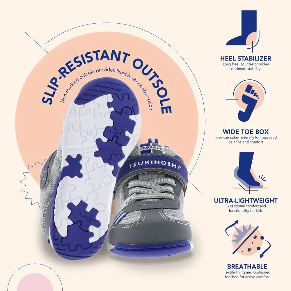 TSUKIHOSHI 1521 KAZ Strap-Closure Machine-Washable Child Sneaker Shoe with Wide Toe Box and Slip-Resistant, Non-Marking Outsole - For Toddlers and Little Kids, Ages 1-8