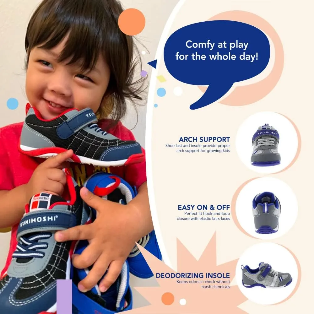 TSUKIHOSHI 1521 KAZ Strap-Closure Machine-Washable Child Sneaker Shoe with Wide Toe Box and Slip-Resistant, Non-Marking Outsole - For Toddlers and Little Kids, Ages 1-8