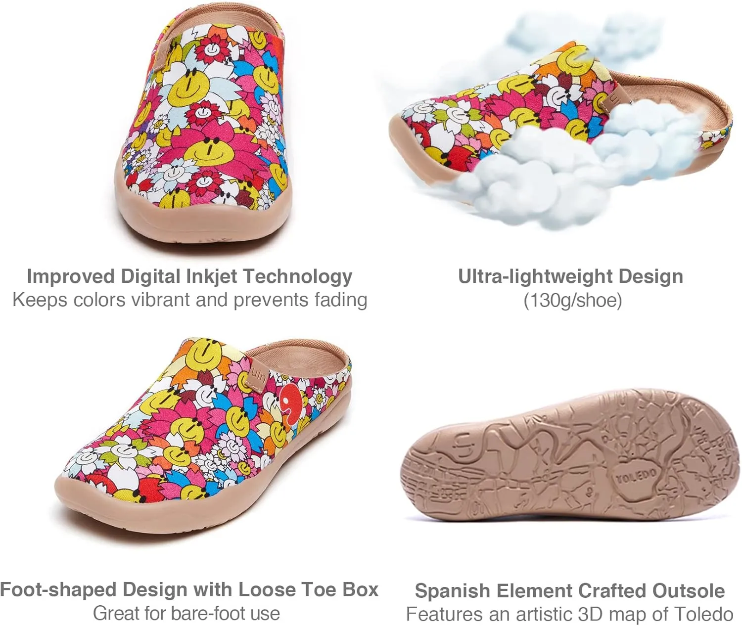 UIN Women's Slip On Mules Comfortable Flat Lightweight Wide Toe Clog Casual Art Painted Travel Shoes Malaga Series