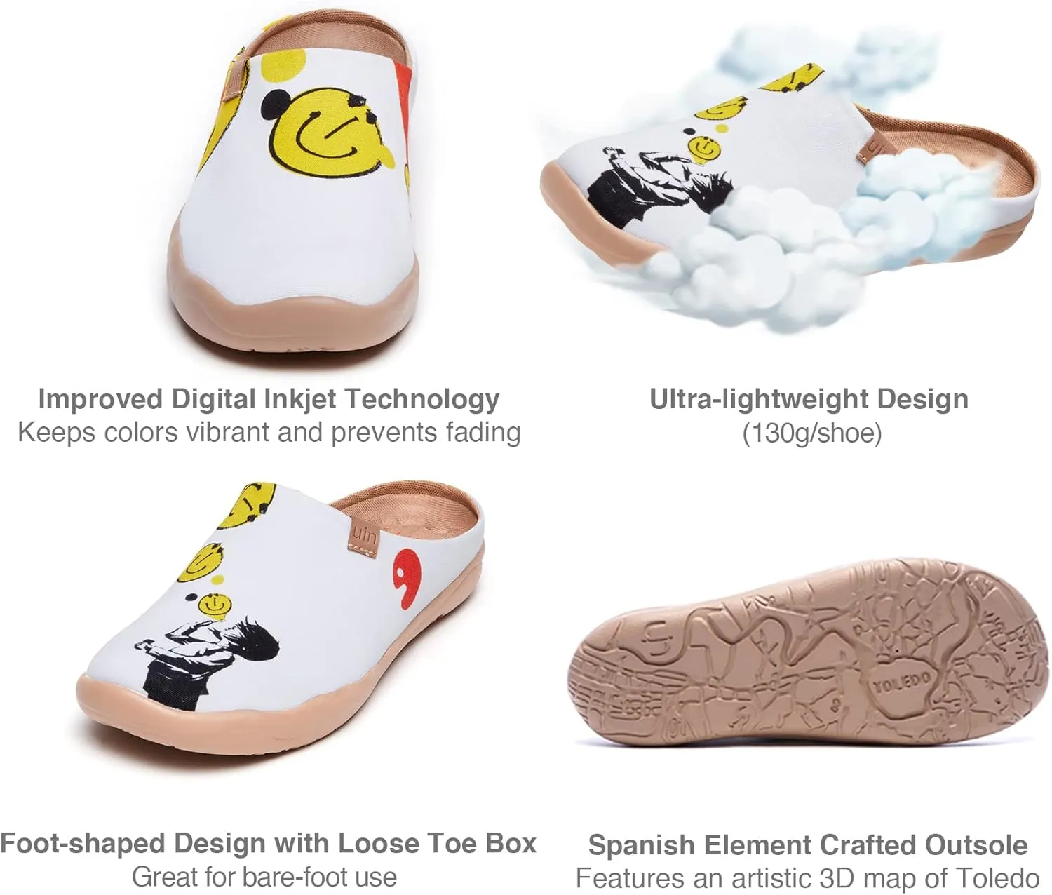 UIN Women's Slip On Mules Comfortable Flat Lightweight Wide Toe Clog Casual Art Painted Travel Shoes Malaga Series