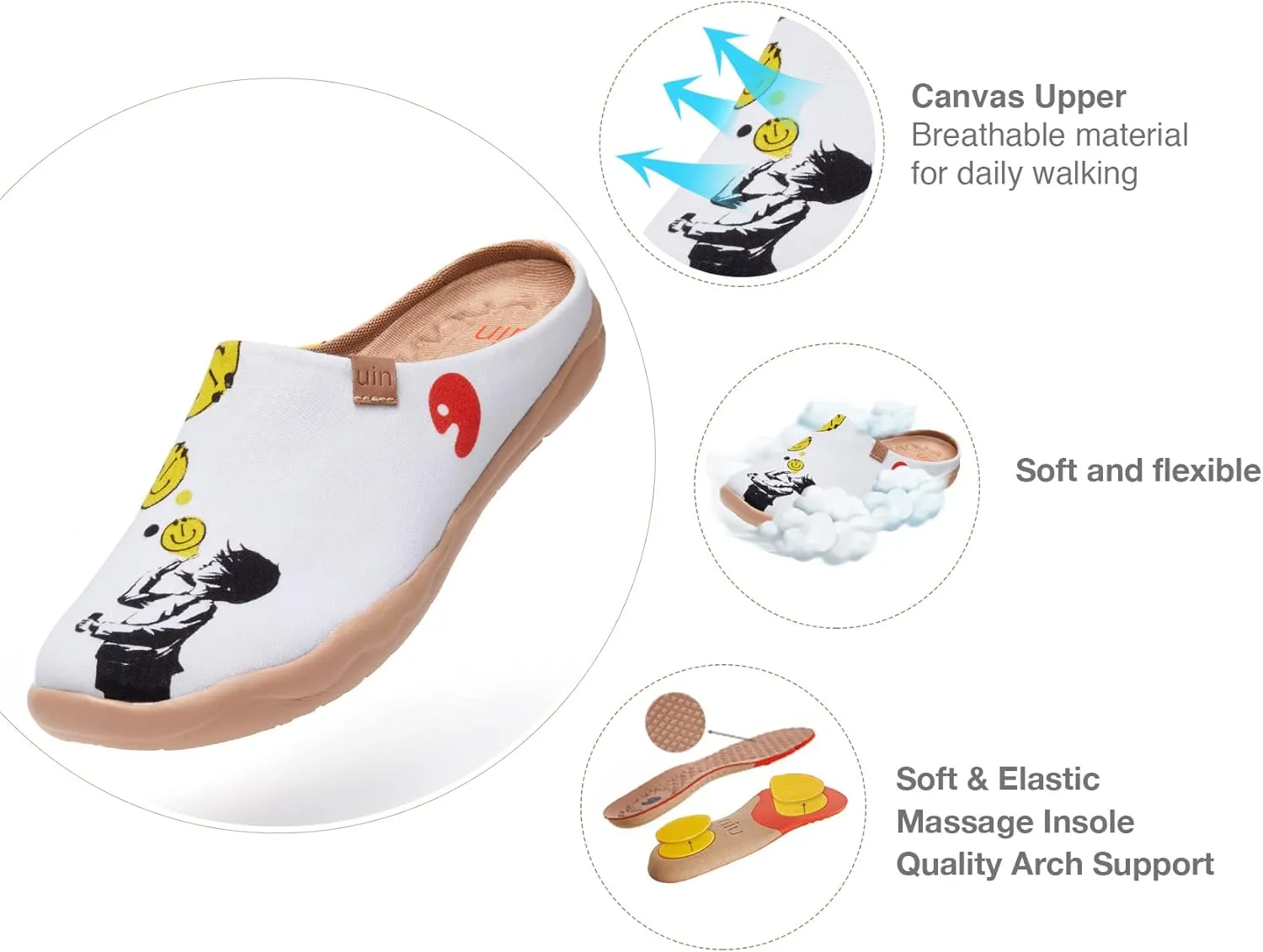 UIN Women's Slip On Mules Comfortable Flat Lightweight Wide Toe Clog Casual Art Painted Travel Shoes Malaga Series