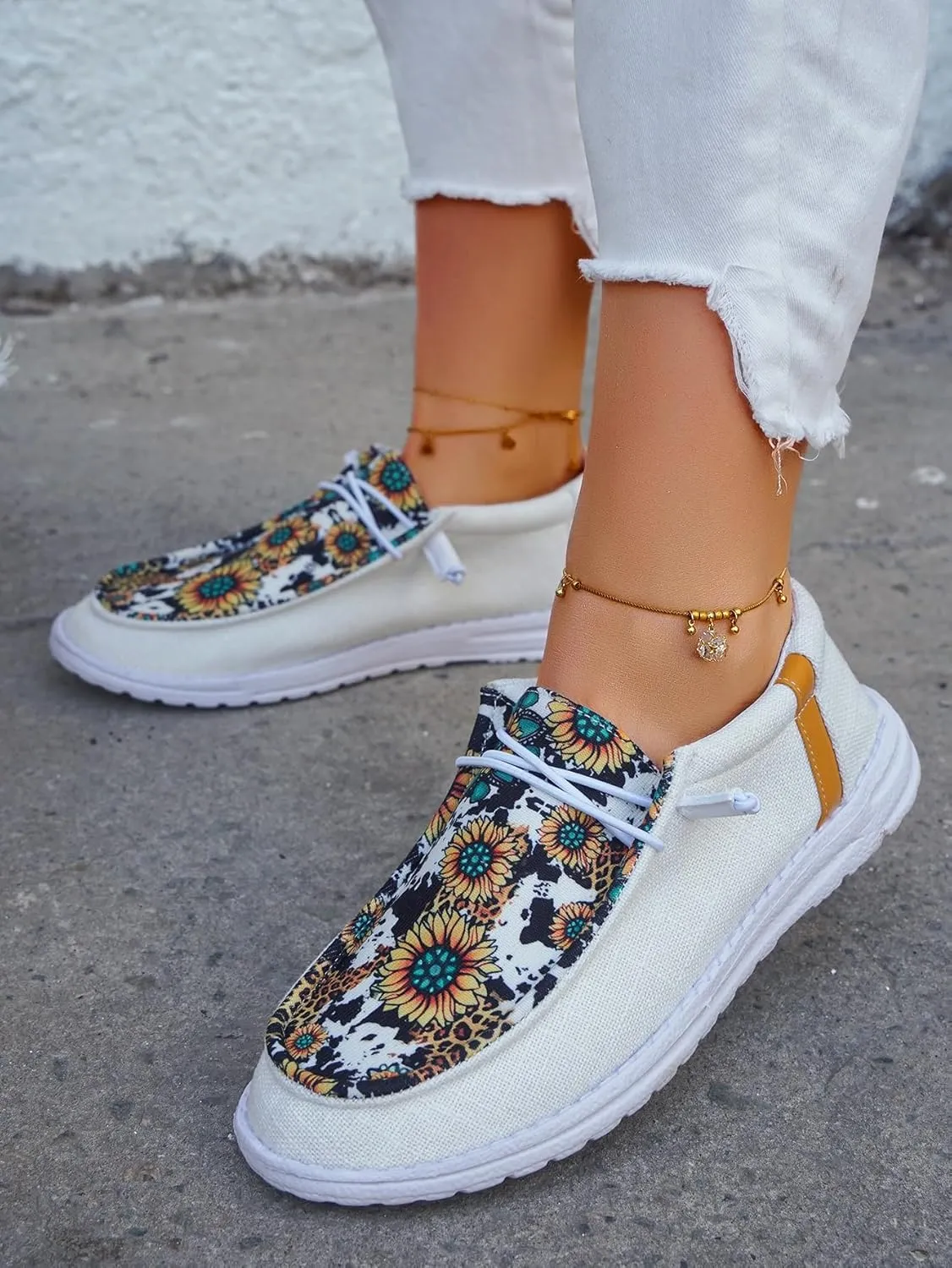 Unisex Casual Hey Loafers Canvas Sunflower Pattern Print Elastic Lace-up Comfortable & Light-Weight Slip-on Loafers Arch Support Walking Driving Basic Shoes for Women/Men/Adults/Teenagers,US Size 6-10