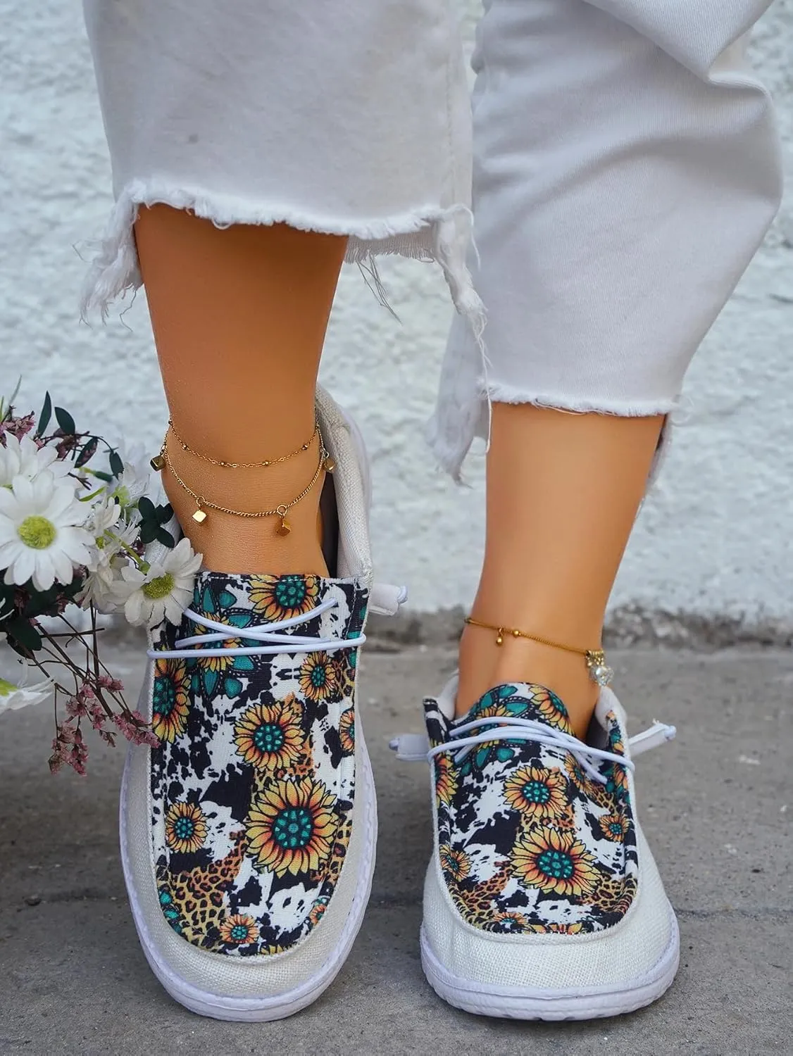 Unisex Casual Hey Loafers Canvas Sunflower Pattern Print Elastic Lace-up Comfortable & Light-Weight Slip-on Loafers Arch Support Walking Driving Basic Shoes for Women/Men/Adults/Teenagers,US Size 6-10