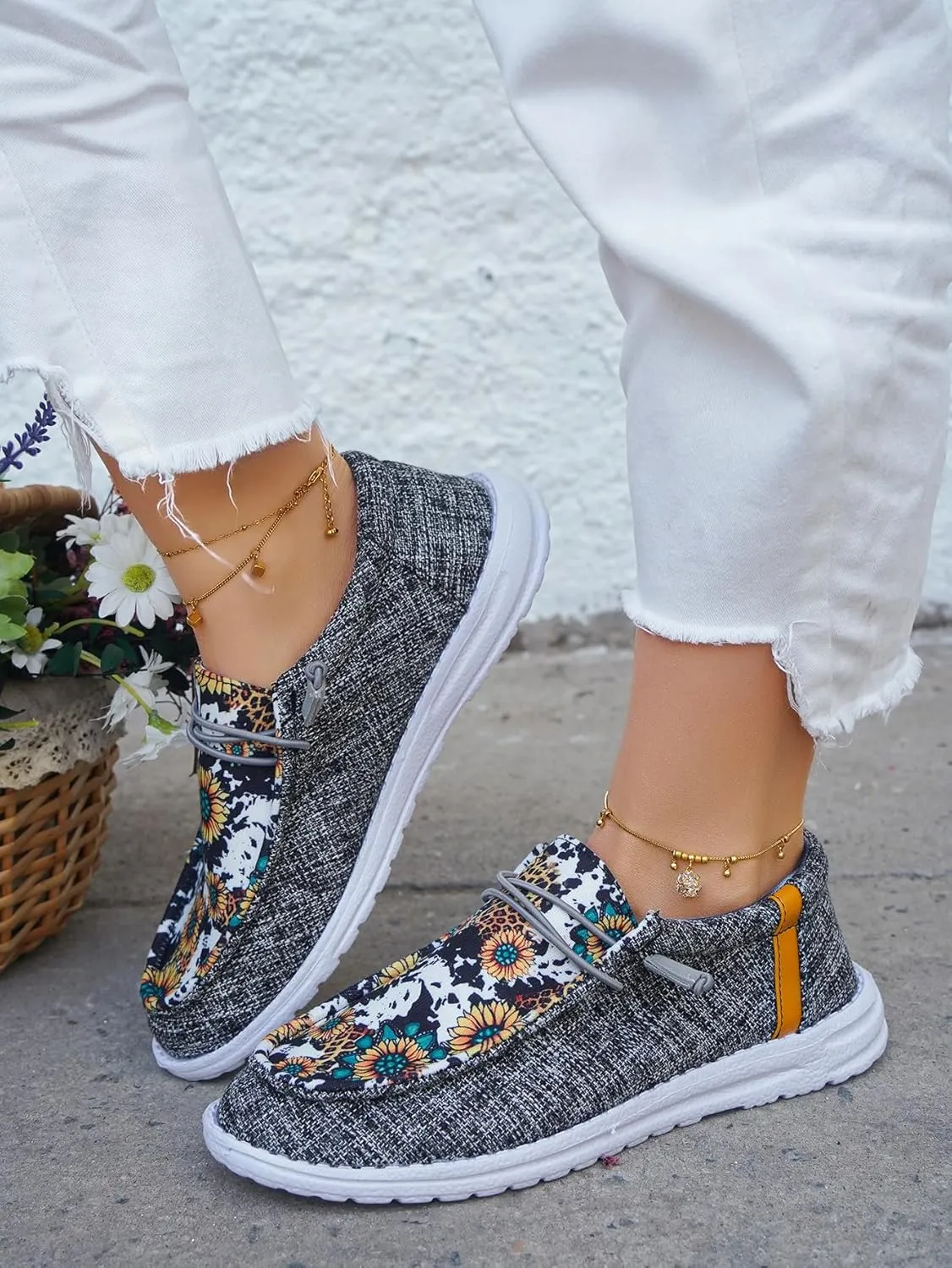 Unisex Casual Hey Loafers Canvas Sunflower Pattern Print Elastic Lace-up Comfortable & Light-Weight Slip-on Loafers Arch Support Walking Driving Basic Shoes for Women/Men/Adults/Teenagers,US Size 6-10