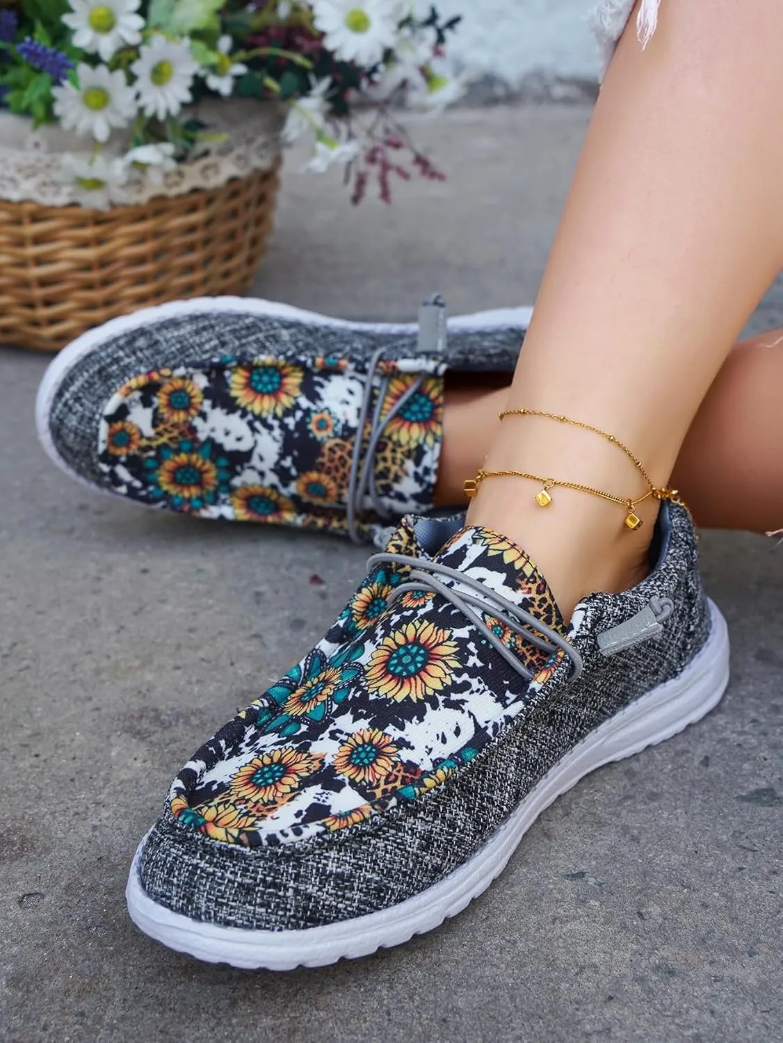 Unisex Casual Hey Loafers Canvas Sunflower Pattern Print Elastic Lace-up Comfortable & Light-Weight Slip-on Loafers Arch Support Walking Driving Basic Shoes for Women/Men/Adults/Teenagers,US Size 6-10