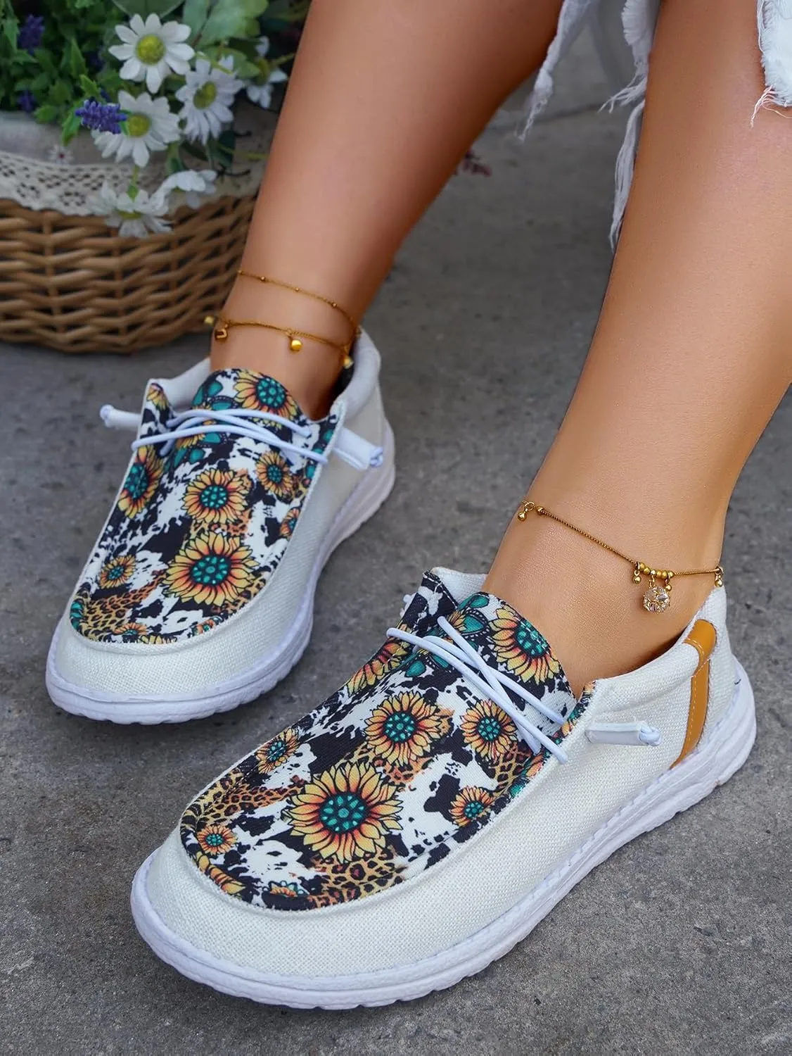 Unisex Casual Hey Loafers Canvas Sunflower Pattern Print Elastic Lace-up Comfortable & Light-Weight Slip-on Loafers Arch Support Walking Driving Basic Shoes for Women/Men/Adults/Teenagers,US Size 6-10
