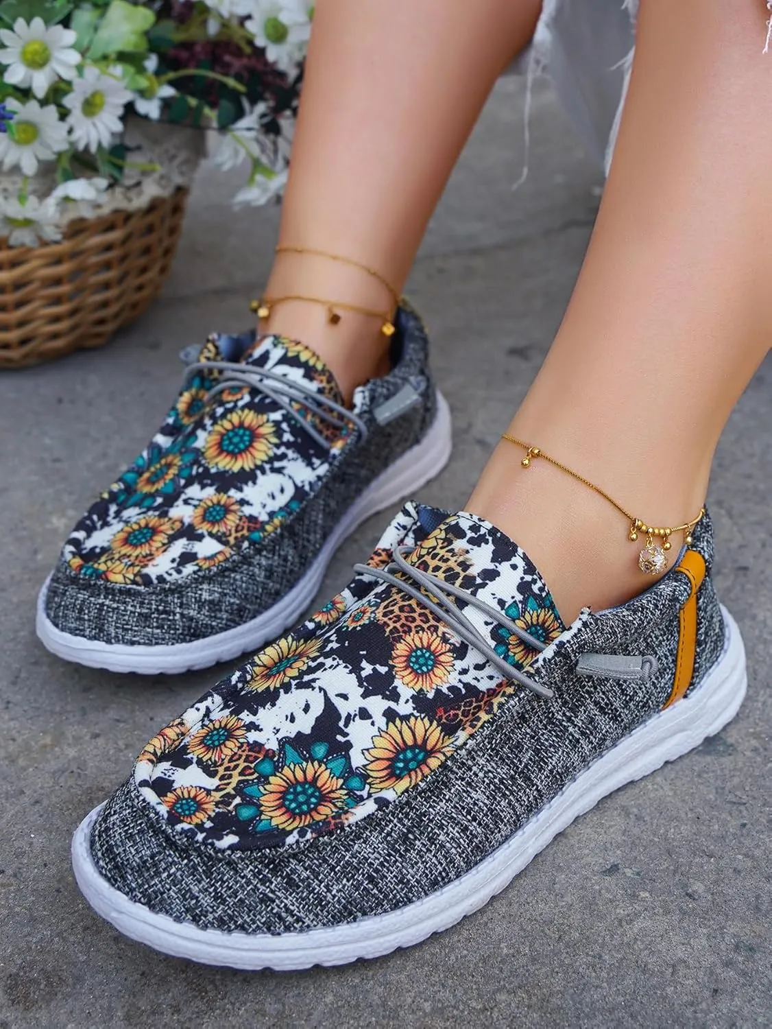 Unisex Casual Hey Loafers Canvas Sunflower Pattern Print Elastic Lace-up Comfortable & Light-Weight Slip-on Loafers Arch Support Walking Driving Basic Shoes for Women/Men/Adults/Teenagers,US Size 6-10