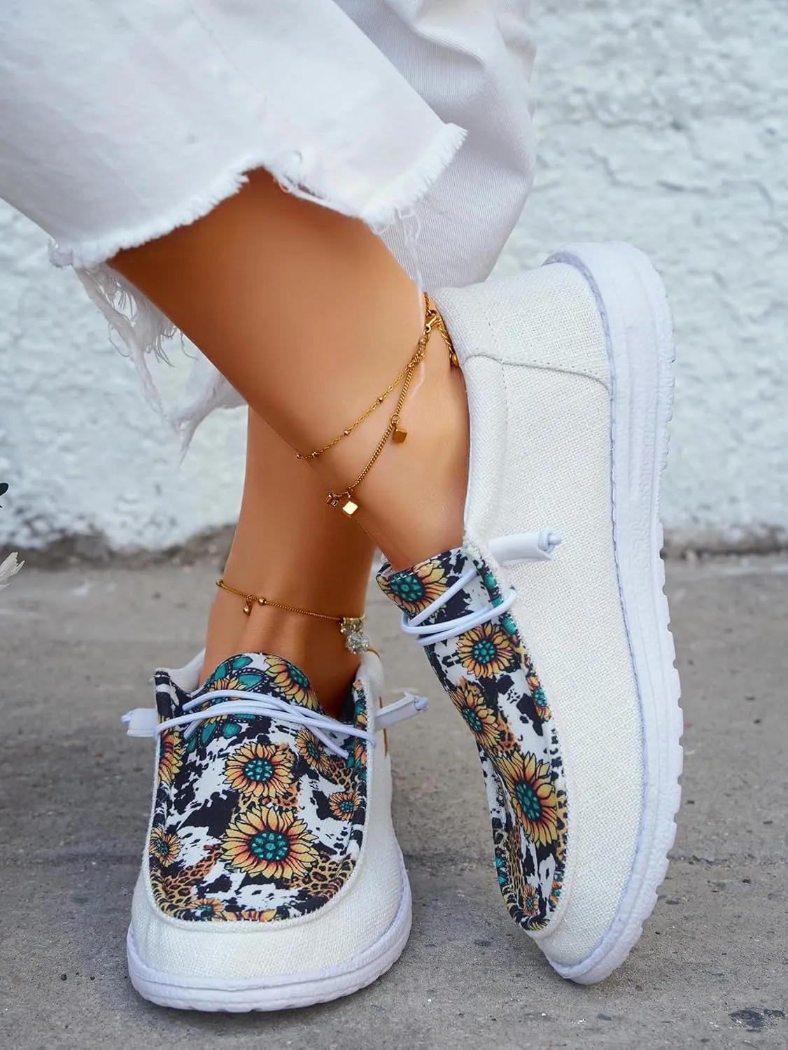 Unisex Casual Hey Loafers Canvas Sunflower Pattern Print Elastic Lace-up Comfortable & Light-Weight Slip-on Loafers Arch Support Walking Driving Basic Shoes for Women/Men/Adults/Teenagers,US Size 6-10