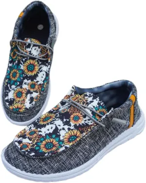 Unisex Casual Hey Loafers Canvas Sunflower Pattern Print Elastic Lace-up Comfortable & Light-Weight Slip-on Loafers Arch Support Walking Driving Basic Shoes for Women/Men/Adults/Teenagers,US Size 6-10
