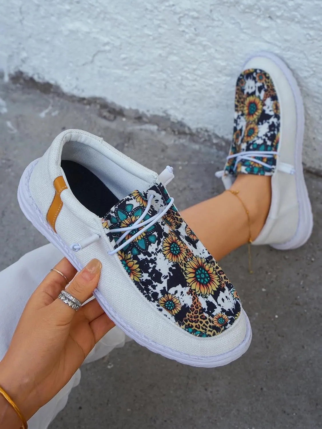 Unisex Casual Hey Loafers Canvas Sunflower Pattern Print Elastic Lace-up Comfortable & Light-Weight Slip-on Loafers Arch Support Walking Driving Basic Shoes for Women/Men/Adults/Teenagers,US Size 6-10
