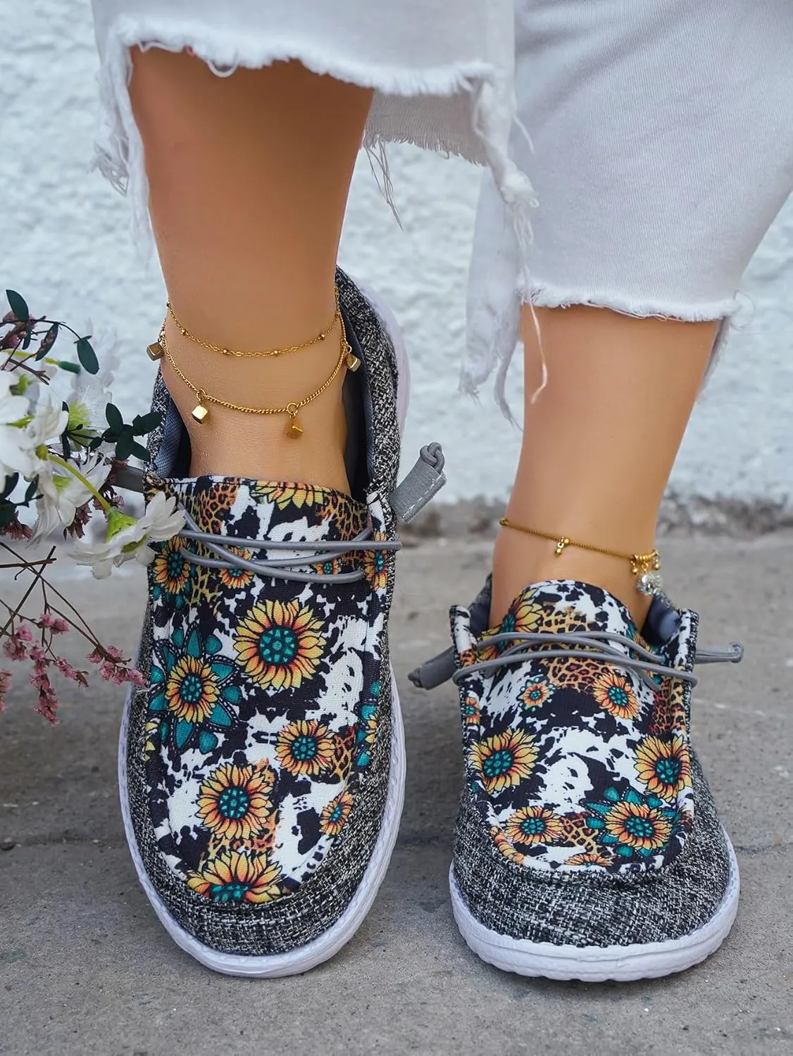 Unisex Casual Hey Loafers Canvas Sunflower Pattern Print Elastic Lace-up Comfortable & Light-Weight Slip-on Loafers Arch Support Walking Driving Basic Shoes for Women/Men/Adults/Teenagers,US Size 6-10