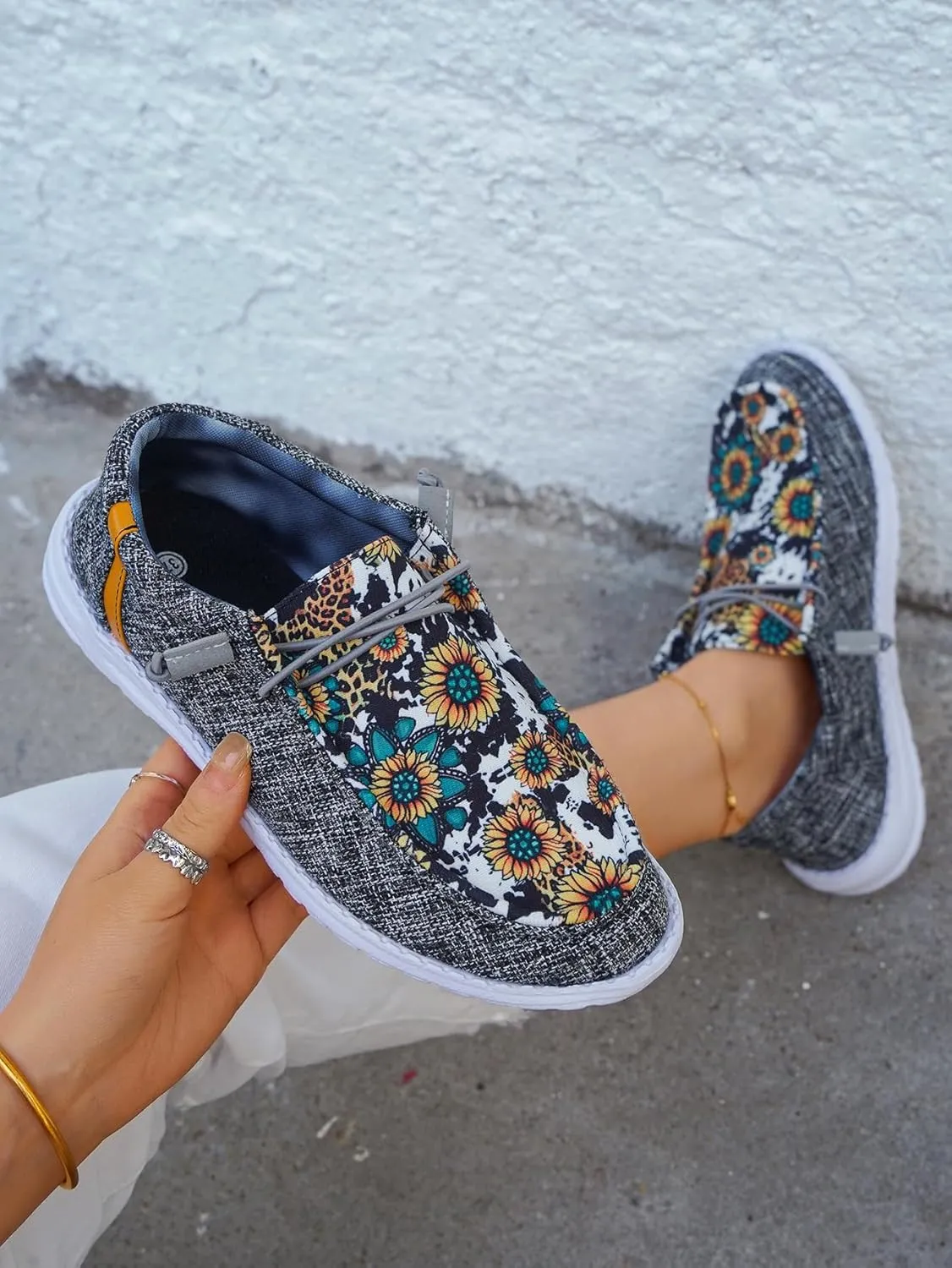 Unisex Casual Hey Loafers Canvas Sunflower Pattern Print Elastic Lace-up Comfortable & Light-Weight Slip-on Loafers Arch Support Walking Driving Basic Shoes for Women/Men/Adults/Teenagers,US Size 6-10