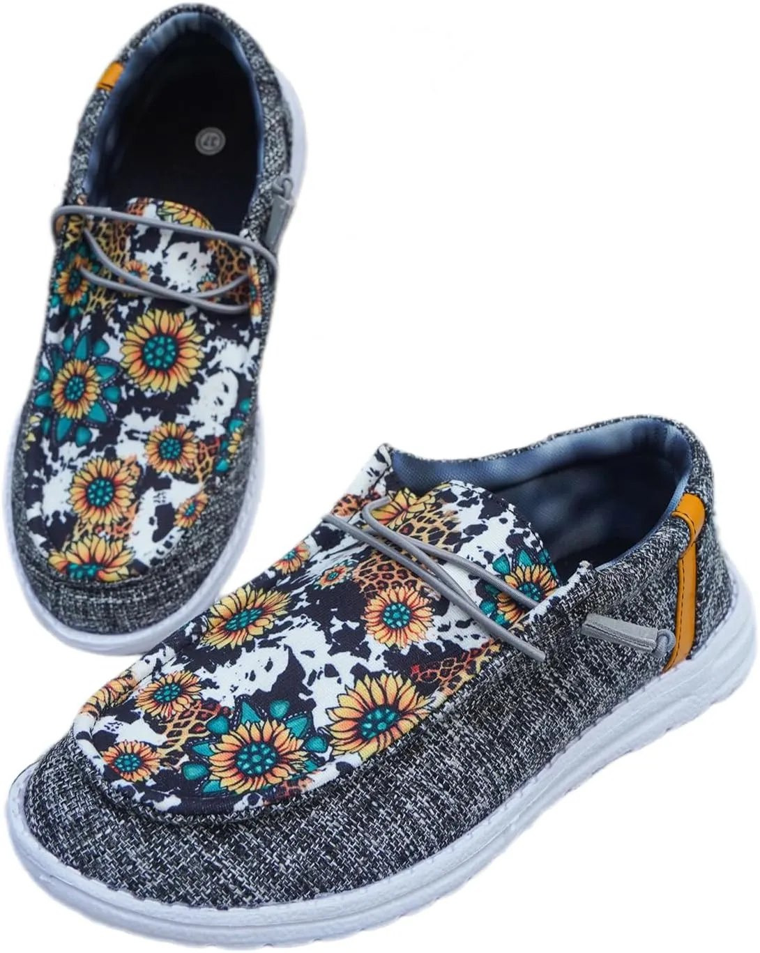 Unisex Casual Hey Loafers Canvas Sunflower Pattern Print Elastic Lace-up Comfortable & Light-Weight Slip-on Loafers Arch Support Walking Driving Basic Shoes for Women/Men/Adults/Teenagers,US Size 6-10
