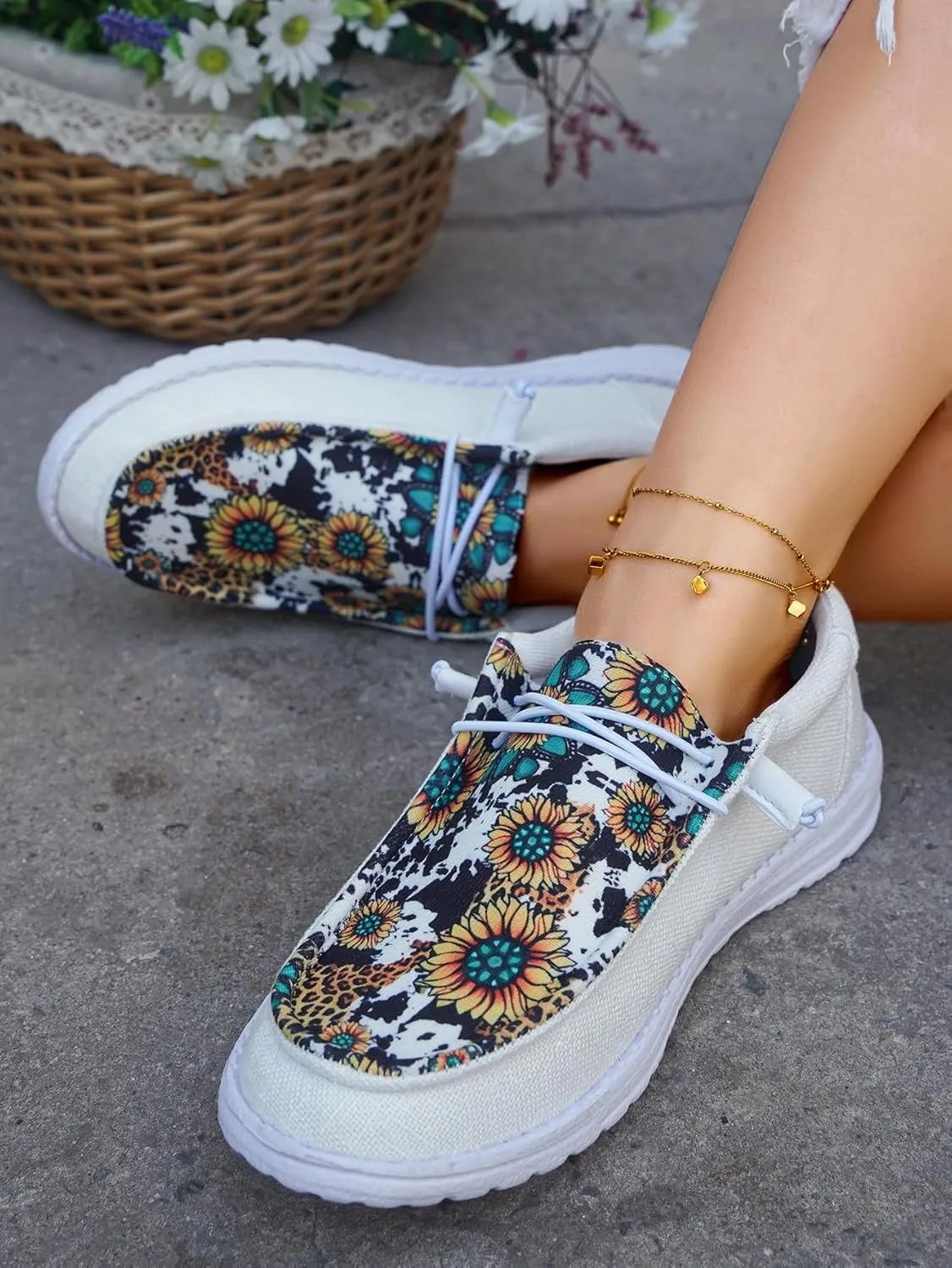 Unisex Casual Hey Loafers Canvas Sunflower Pattern Print Elastic Lace-up Comfortable & Light-Weight Slip-on Loafers Arch Support Walking Driving Basic Shoes for Women/Men/Adults/Teenagers,US Size 6-10