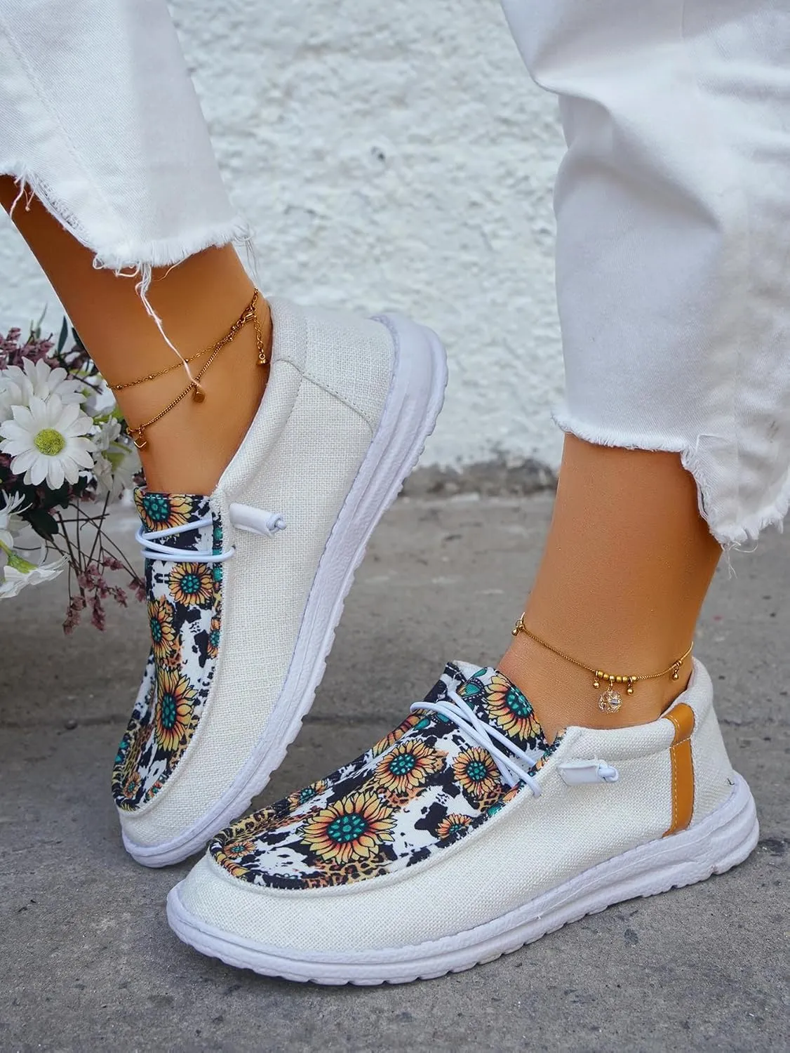 Unisex Casual Hey Loafers Canvas Sunflower Pattern Print Elastic Lace-up Comfortable & Light-Weight Slip-on Loafers Arch Support Walking Driving Basic Shoes for Women/Men/Adults/Teenagers,US Size 6-10