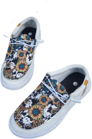 Unisex Casual Hey Loafers Canvas Sunflower Pattern Print Elastic Lace-up Comfortable & Light-Weight Slip-on Loafers Arch Support Walking Driving Basic Shoes for Women/Men/Adults/Teenagers,US Size 6-10