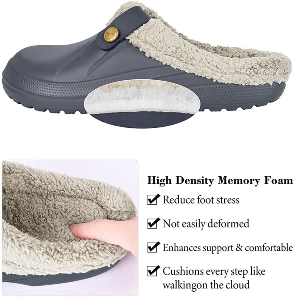 Unisex Winter Fur Lined Clogs Shoes Cushioned Fleece Clogs Indoor Outdoor Fuzzy Slippers Comfy Memory Foam Fluffy Lined Clogs Garden Waterproof Mules