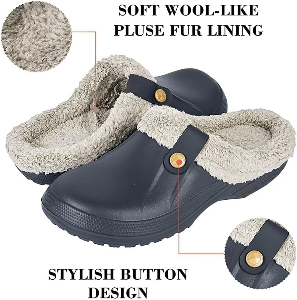 Unisex Winter Fur Lined Clogs Shoes Cushioned Fleece Clogs Indoor Outdoor Fuzzy Slippers Comfy Memory Foam Fluffy Lined Clogs Garden Waterproof Mules