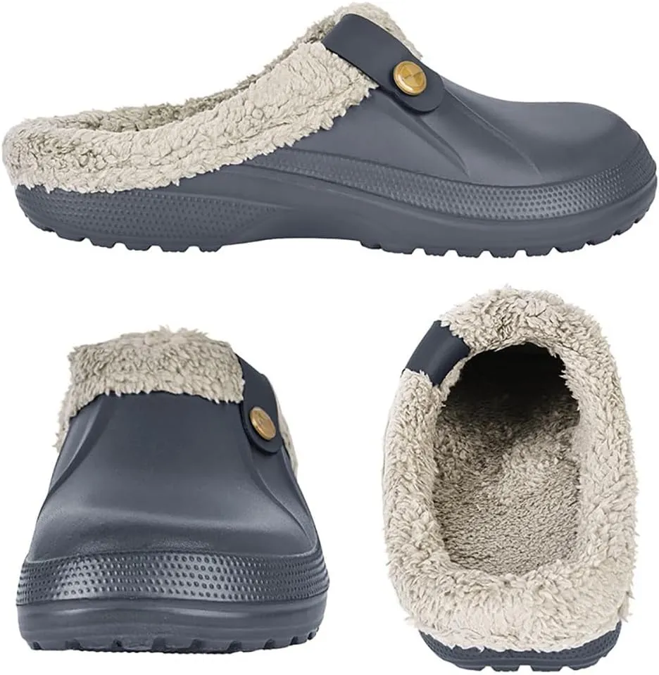 Unisex Winter Fur Lined Clogs Shoes Cushioned Fleece Clogs Indoor Outdoor Fuzzy Slippers Comfy Memory Foam Fluffy Lined Clogs Garden Waterproof Mules