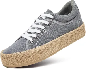 Uoidru Canvas Shoes for Women Platform Sneakers Soft Washed Demin Canvas Sneakers Lace Up Canvas Platform Shoes Low Top Womens Fashion Sneakers