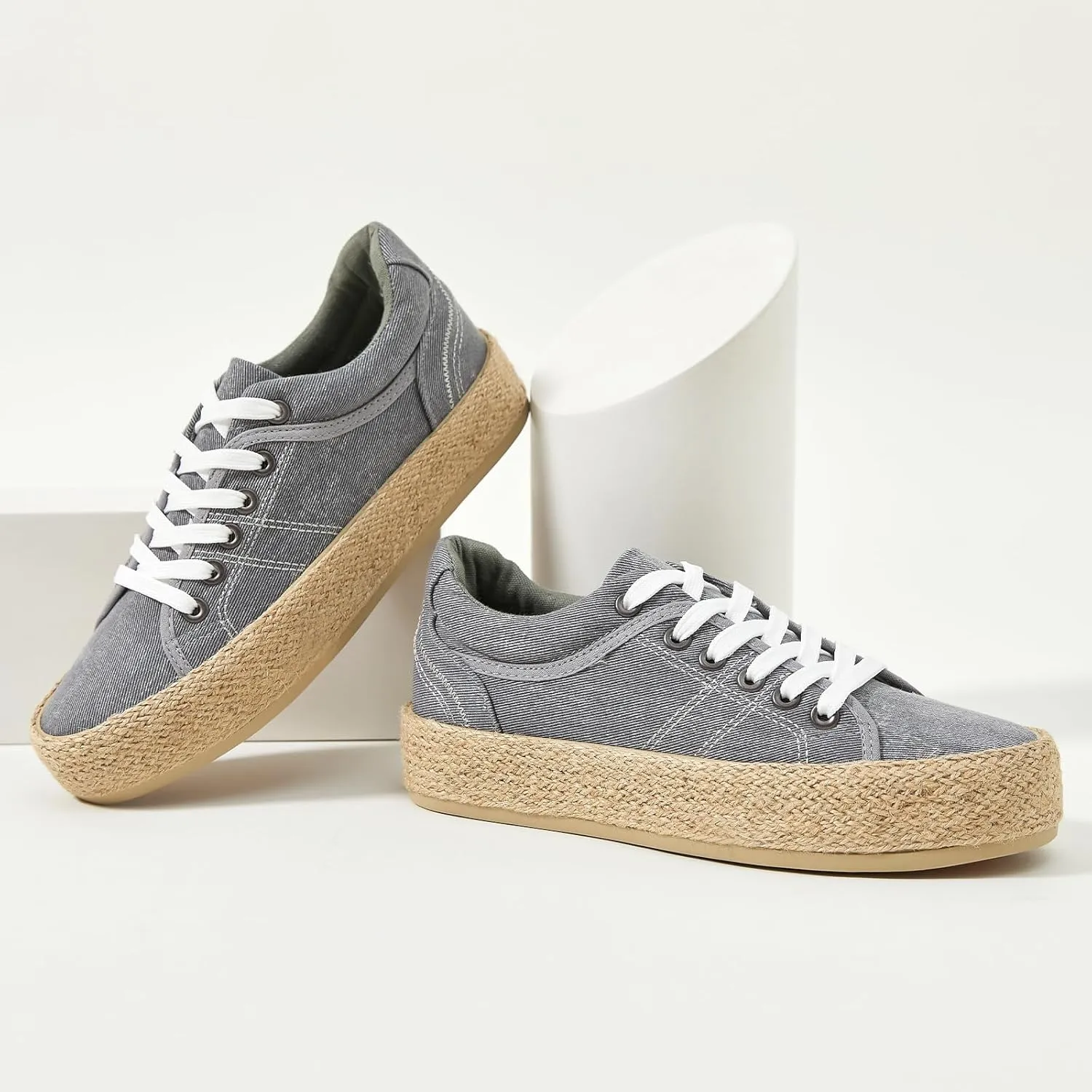 Uoidru Canvas Shoes for Women Platform Sneakers Soft Washed Demin Canvas Sneakers Lace Up Canvas Platform Shoes Low Top Womens Fashion Sneakers