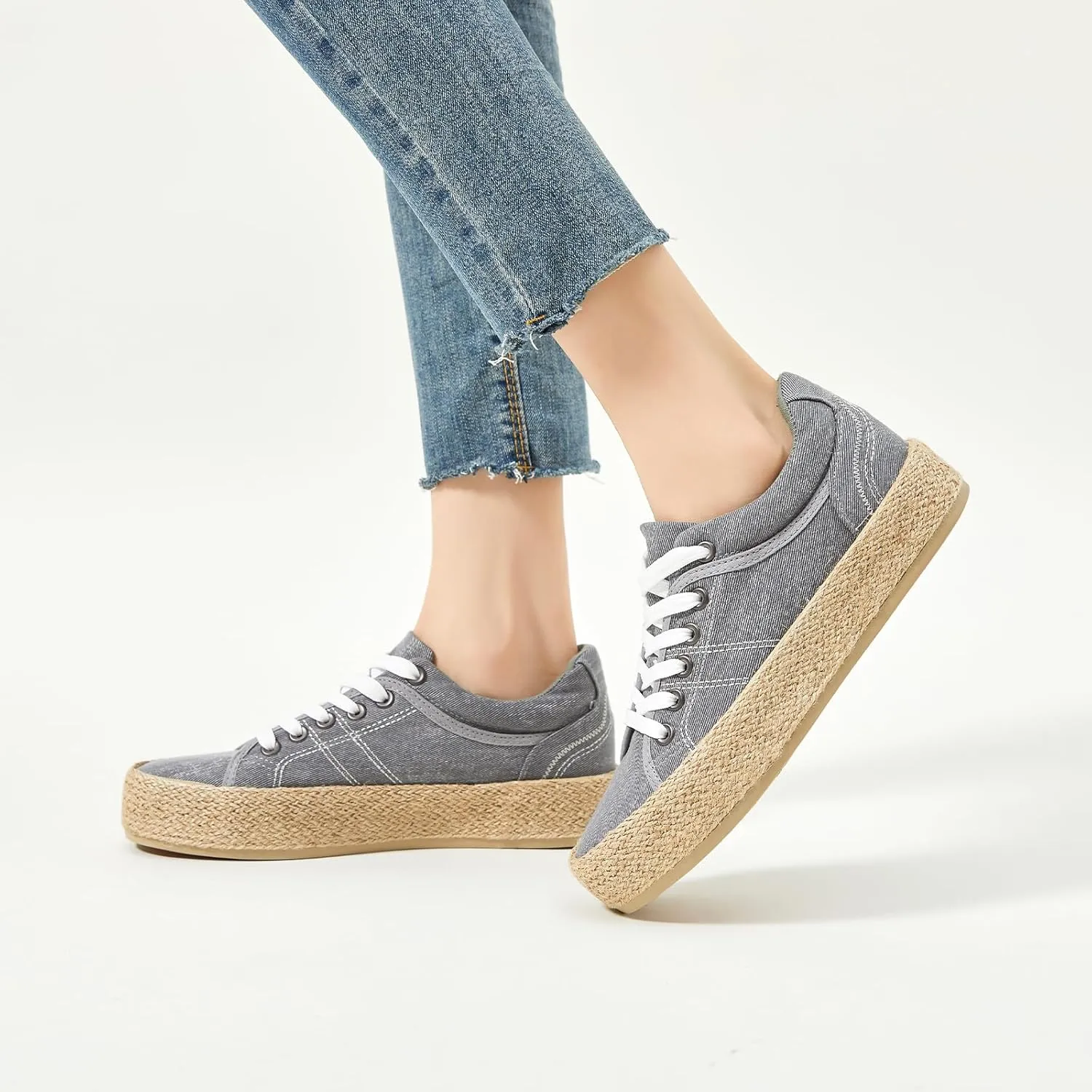 Uoidru Canvas Shoes for Women Platform Sneakers Soft Washed Demin Canvas Sneakers Lace Up Canvas Platform Shoes Low Top Womens Fashion Sneakers
