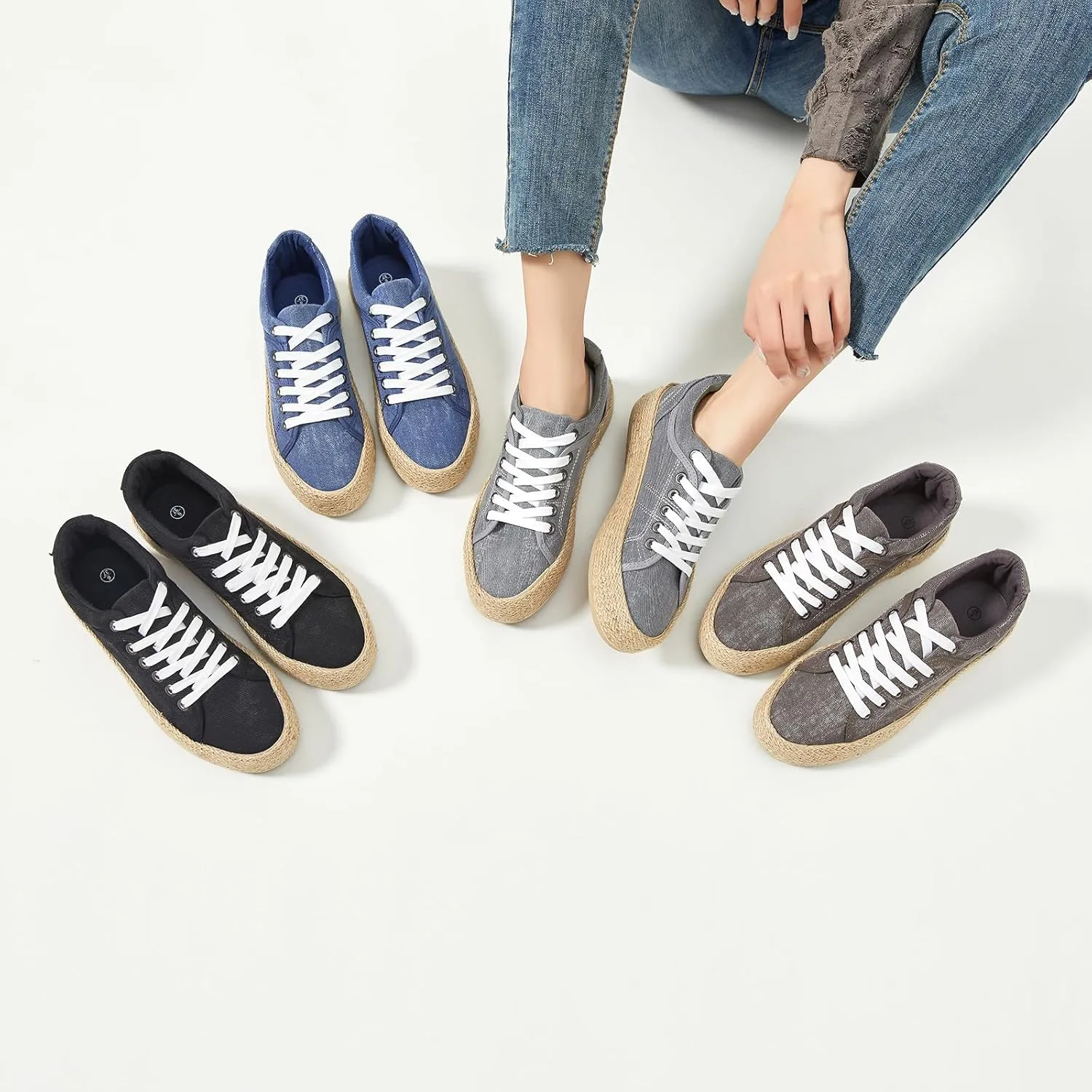 Uoidru Canvas Shoes for Women Platform Sneakers Soft Washed Demin Canvas Sneakers Lace Up Canvas Platform Shoes Low Top Womens Fashion Sneakers