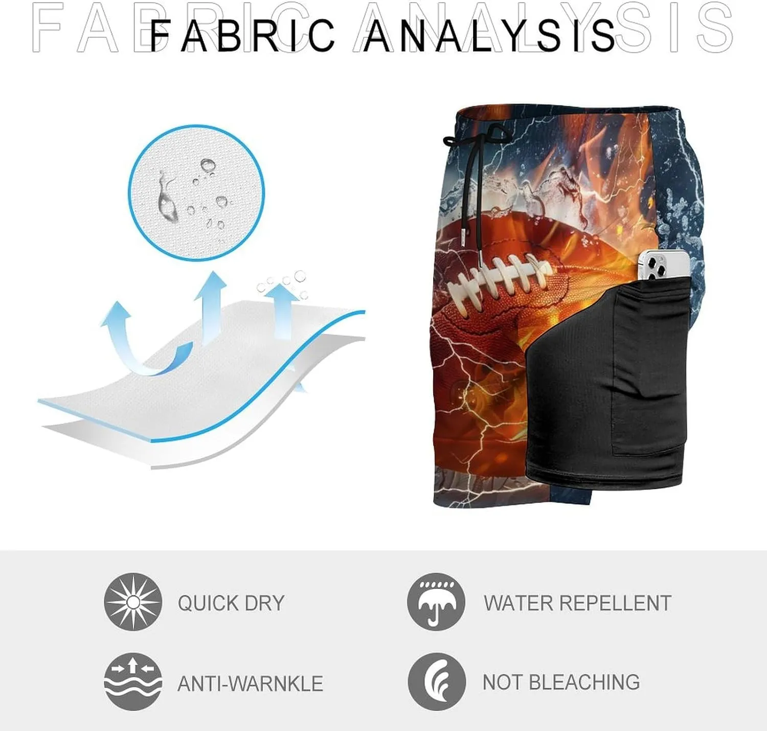 Water Fire American Football Men's Swim Trunks Quick Dry Board Shorts Swimwear Beach Shorts with Compression Liner