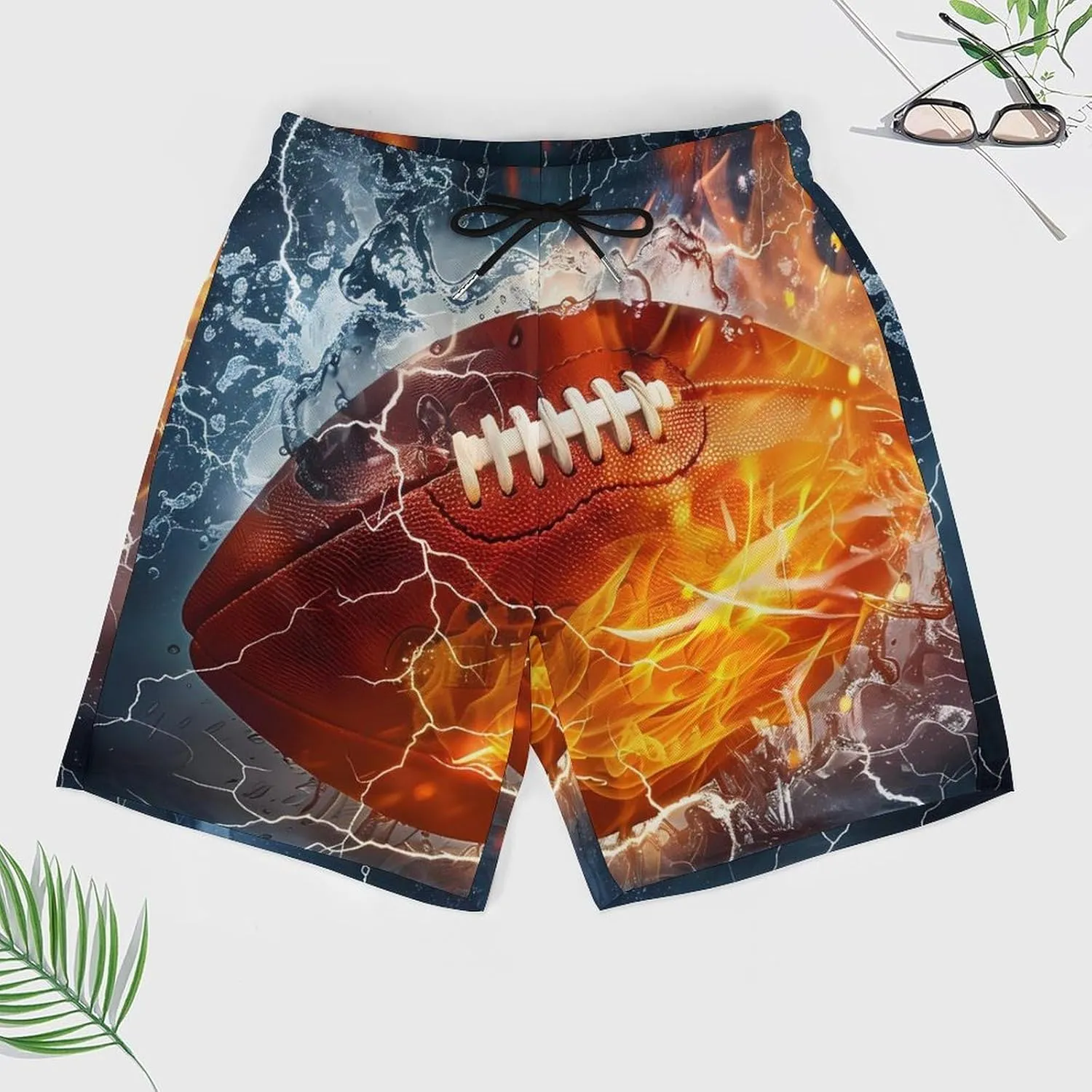 Water Fire American Football Men's Swim Trunks Quick Dry Board Shorts Swimwear Beach Shorts with Compression Liner