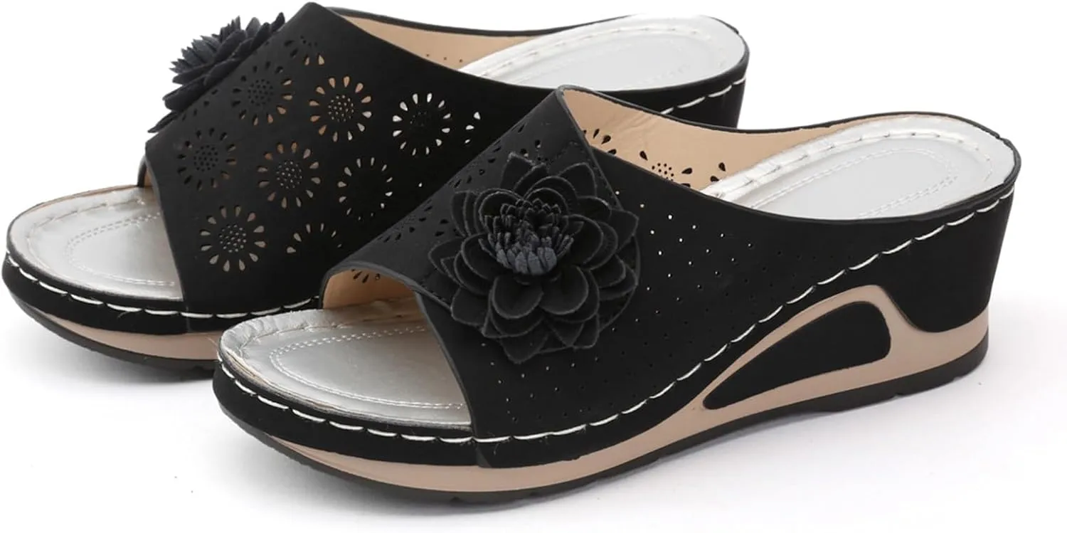 Wedge Sandals for Women 3D Floral Cutout Sandal Dressy Low Heel Arch Support Sandals Soft Insole Orthopedic Slippers Retro Bohemian Wedge Summer Shoes Casual Slip On Shoe