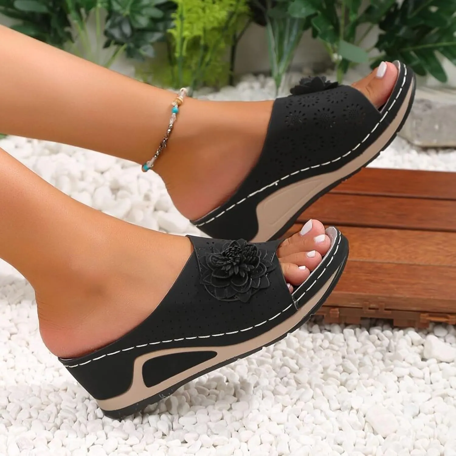 Wedge Sandals for Women 3D Floral Cutout Sandal Dressy Low Heel Arch Support Sandals Soft Insole Orthopedic Slippers Retro Bohemian Wedge Summer Shoes Casual Slip On Shoe