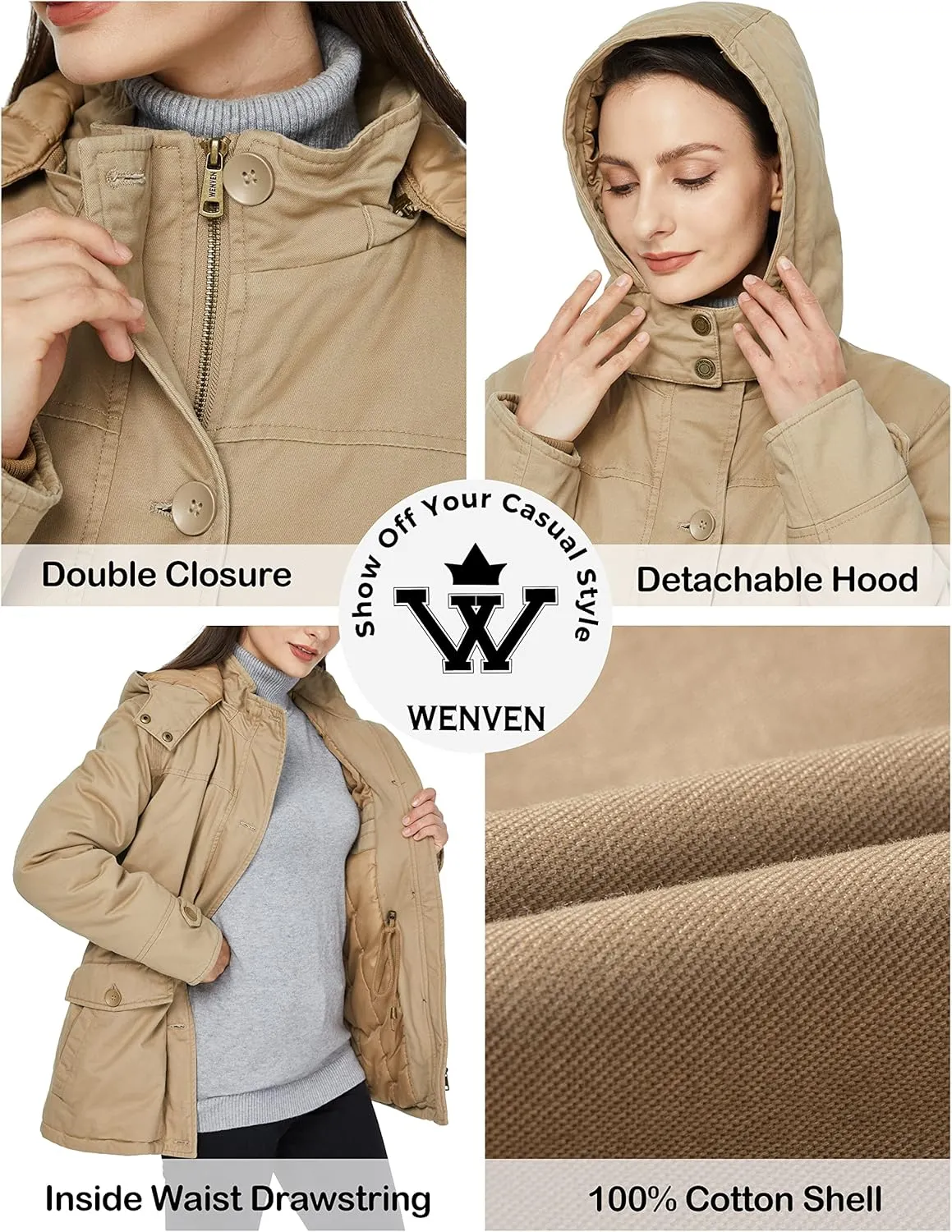 WenVen Women's Winter Warm Thicken Military Parka Jacket with Removable Hood