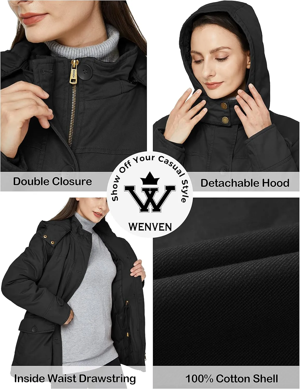 WenVen Women's Winter Warm Thicken Military Parka Jacket with Removable Hood